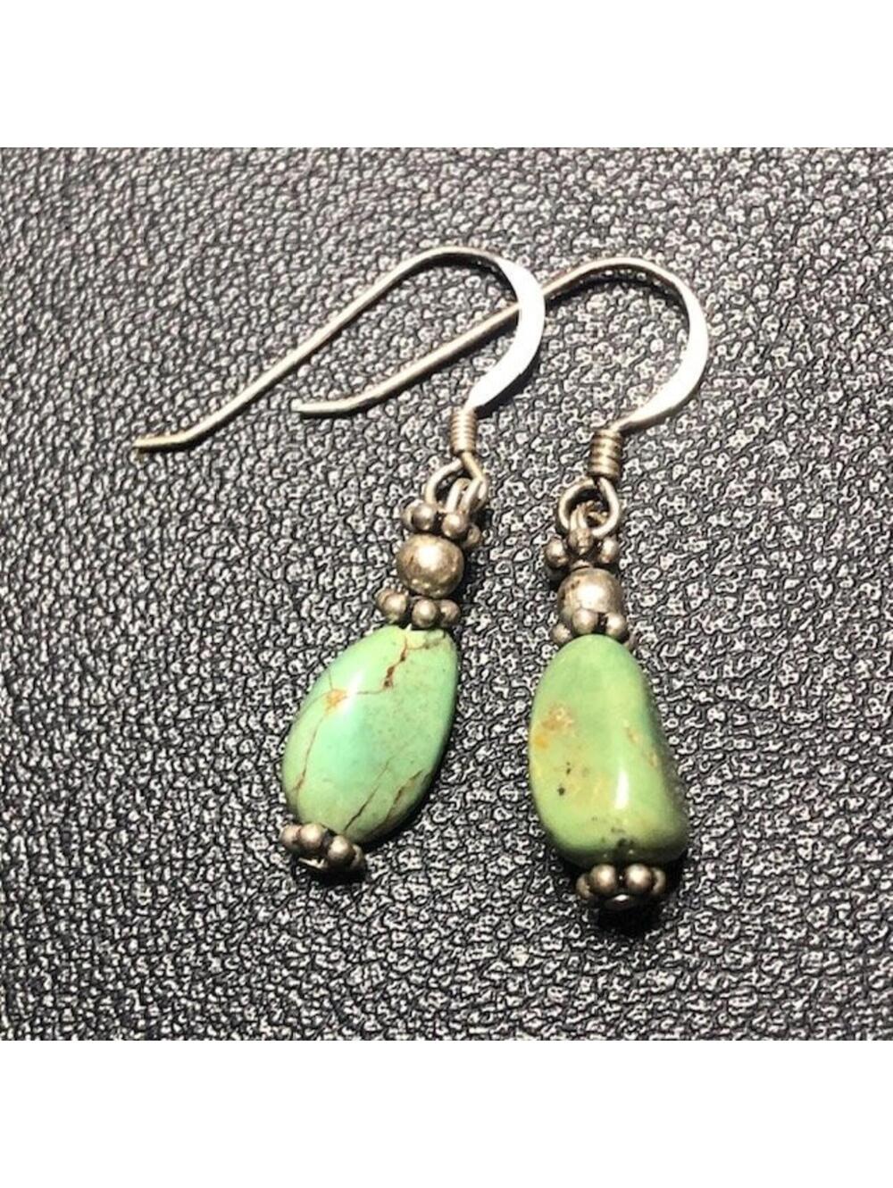 B2089 Sterling Silver Turquoise Dangle Drop Earrings 1.25" Beaded Gemstone